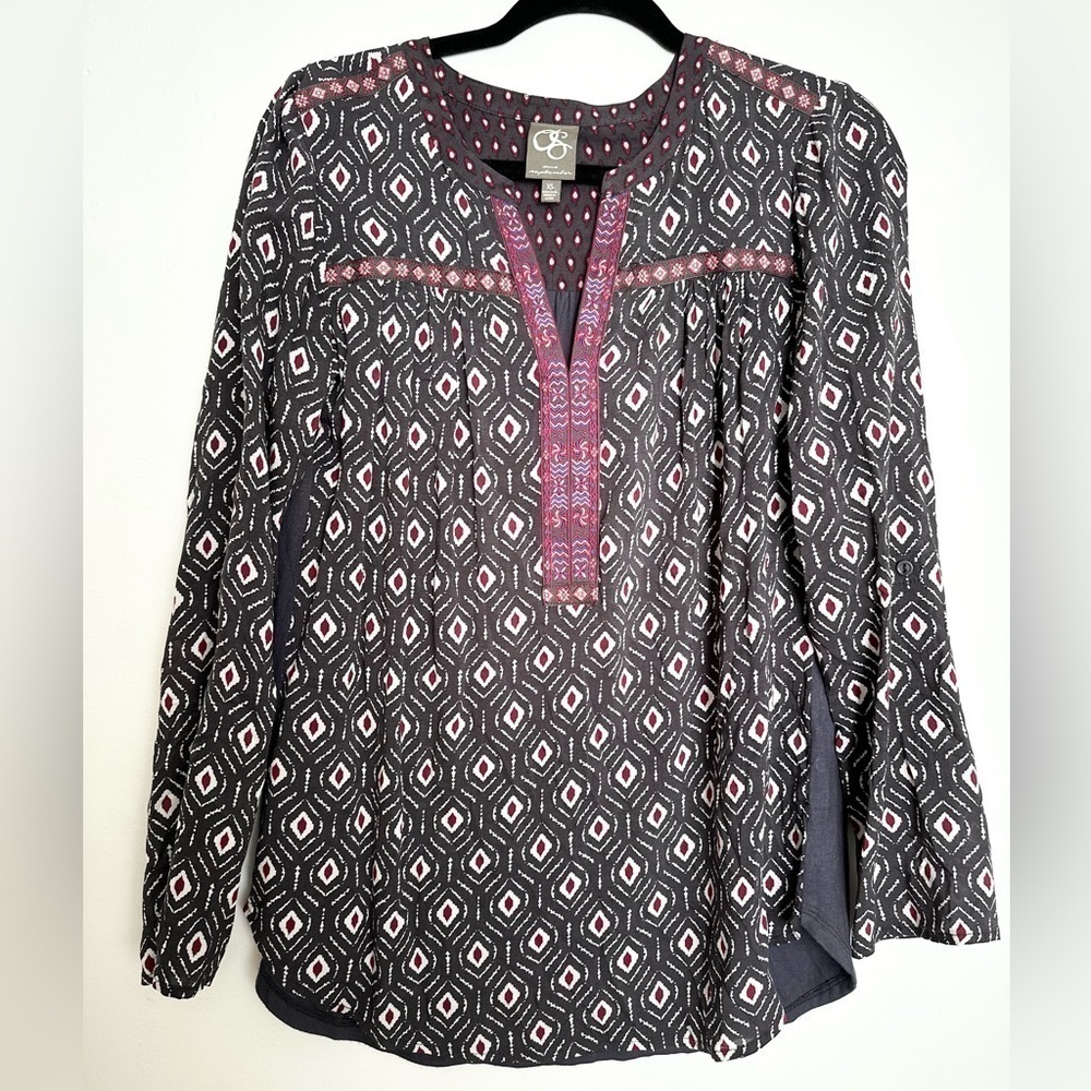 Anthropologie One September Womens Top Size XS Black White Embroidered BOHO